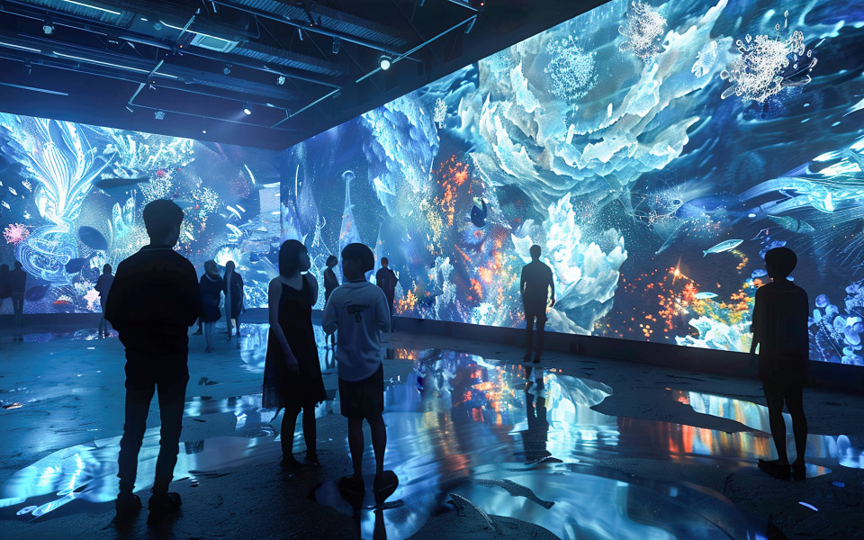 Menschen, die sich die Ausstellung und digitale Inhalte ansehen am internationale Museumstag 