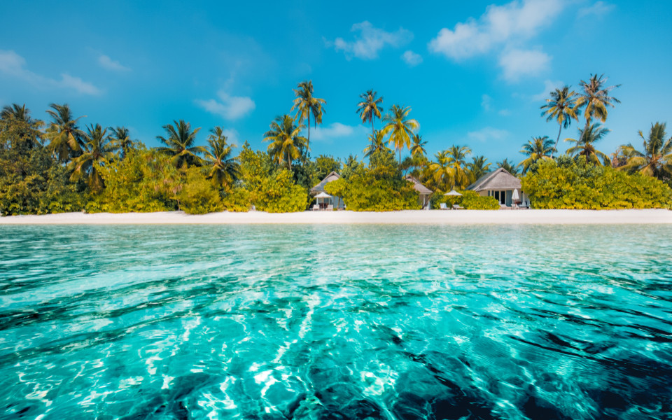 Tropische Insel mit Palmen, wei&szlig;em Sandstrand und t&uuml;rkisblauem Meer auf den Malediven
